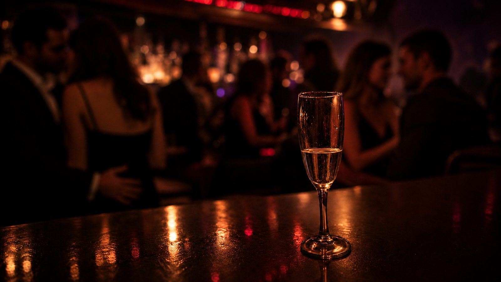 Ambiance nocturne d'un club privé marseillais, lumières chaudes orangées et silhouettes au bar