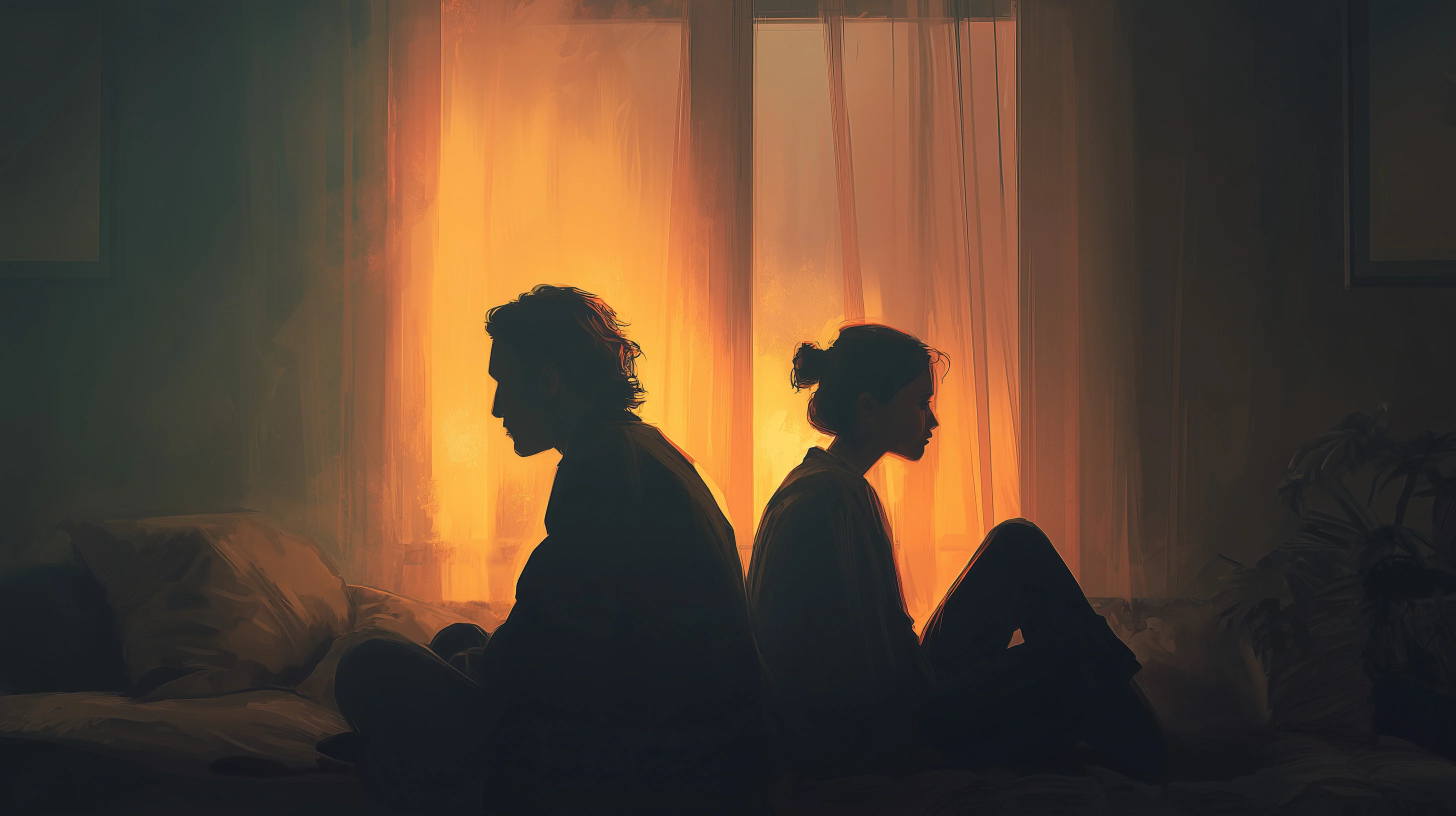 Couple en clair-obscur, deux silhouettes proches mais qui regardent dans des directions différentes, lumière chaude tamisée