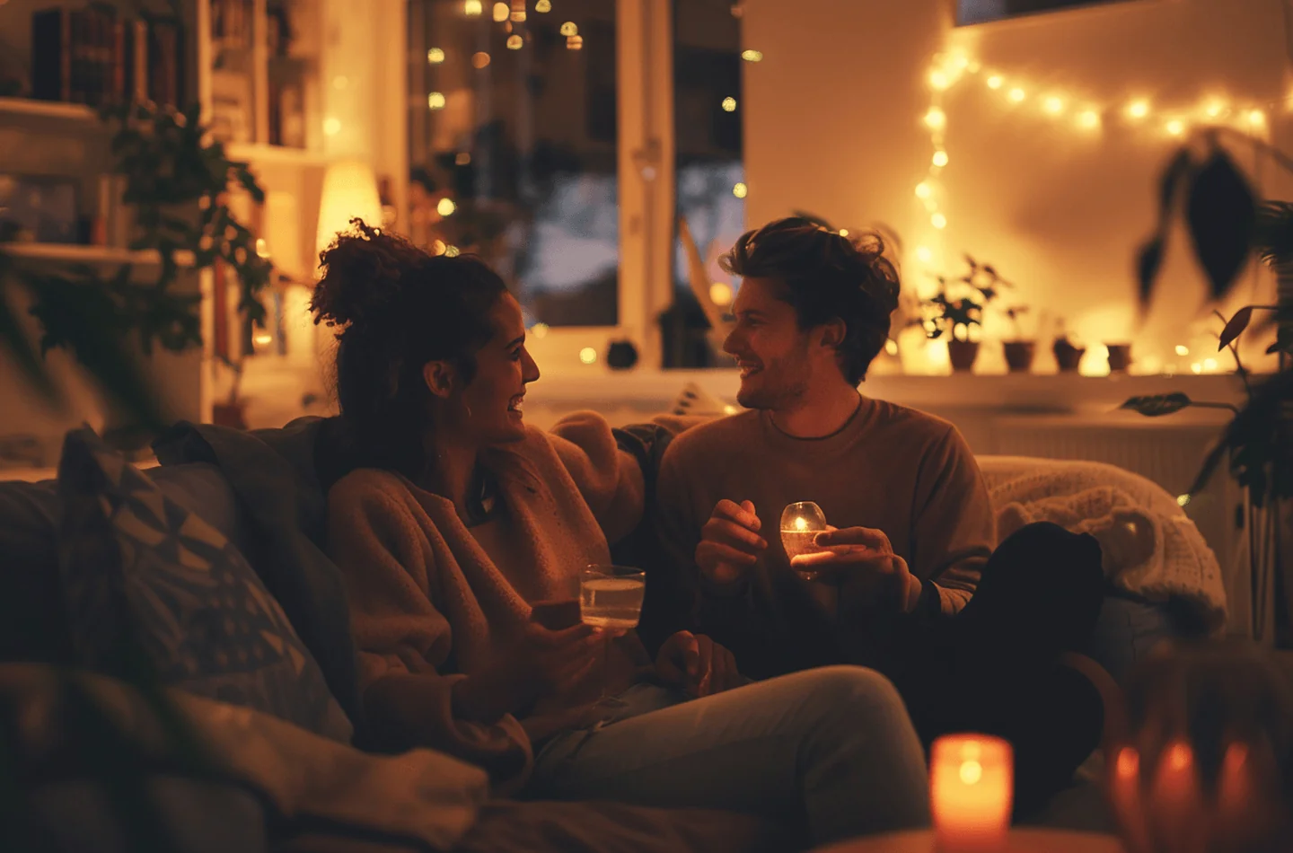 Couple en clair-obscur, conversation intimiste autour d'une table, ambiance feutrée